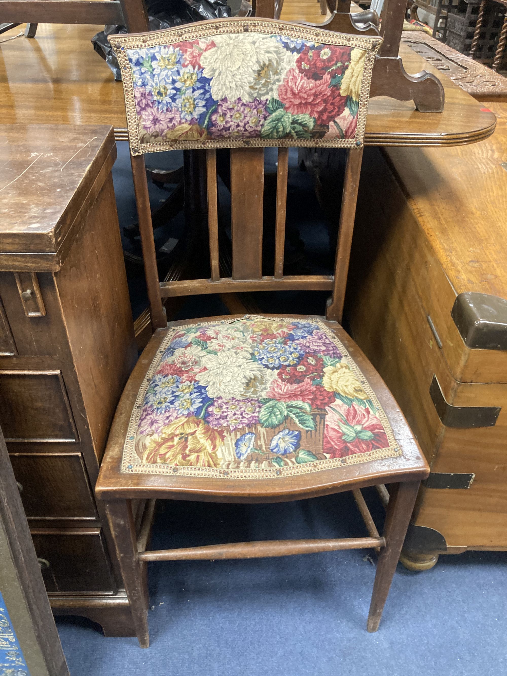 An Edwardian childs chair, another and a tray